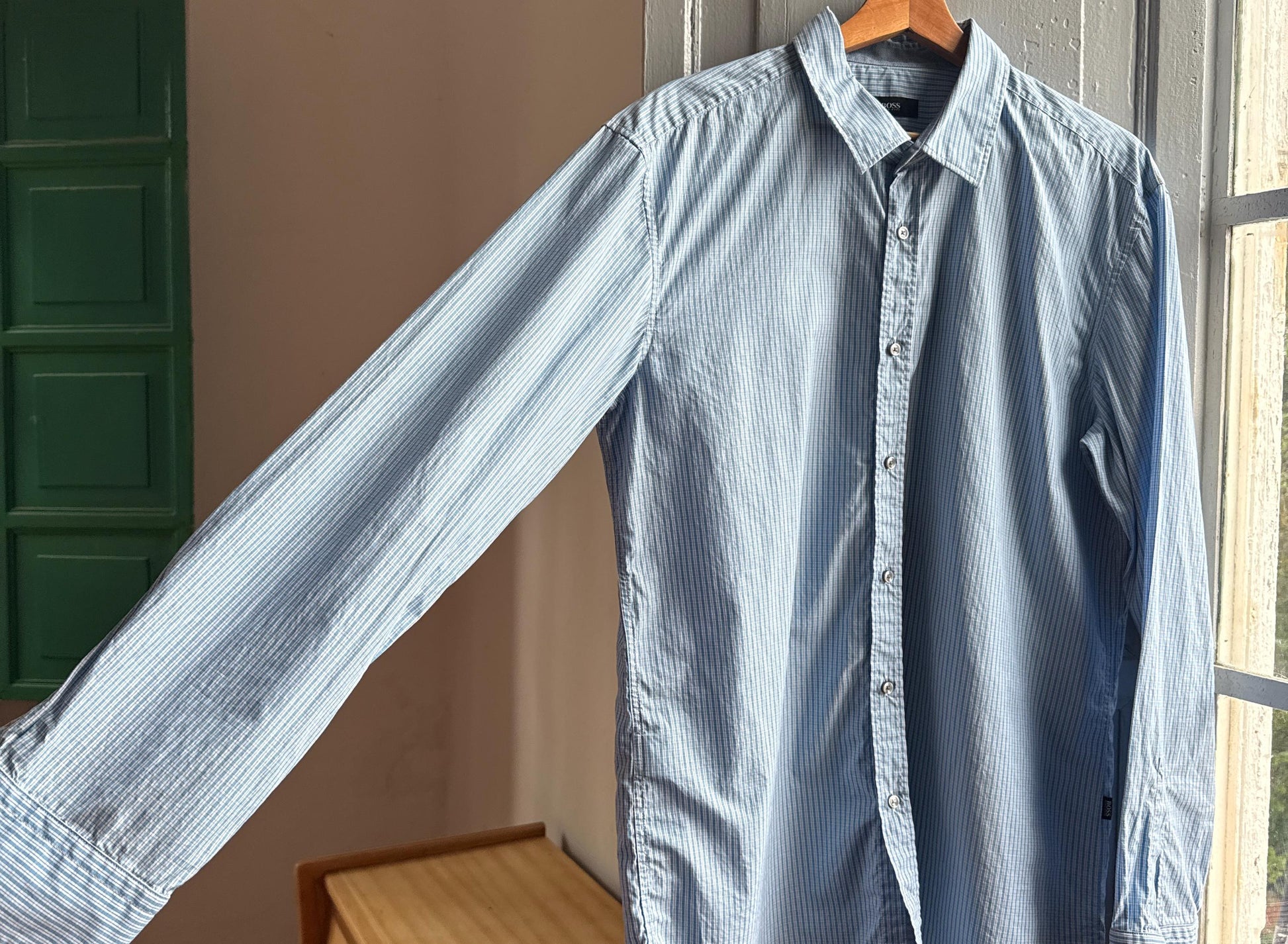 Light Blue Striped Cotton Shirt For Men — fabric close-up