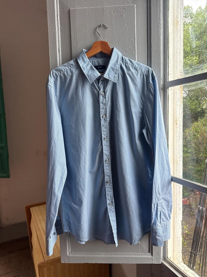 Light Blue Striped Cotton Shirt For Men — back view