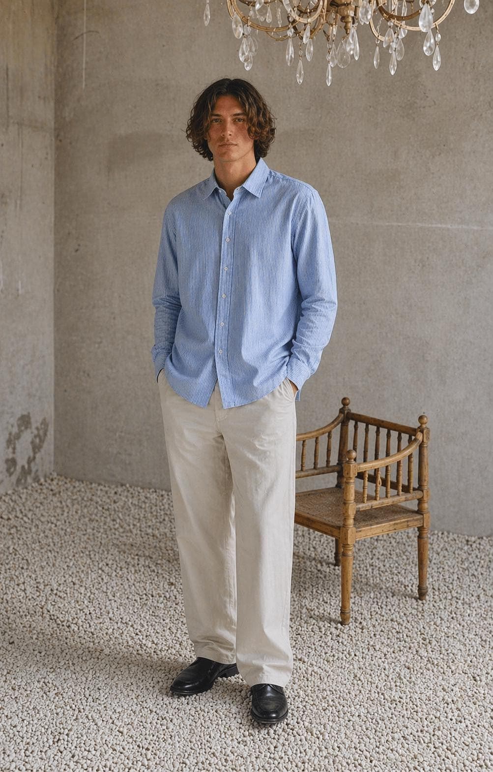 Light Blue Striped Cotton Shirt For Men