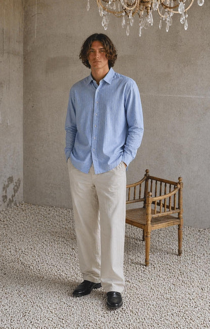 Light Blue Striped Cotton Shirt For Men