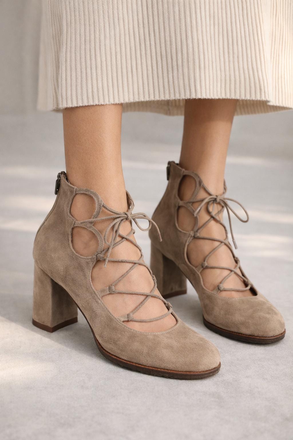 Taupe Suede Lace-Up Heels