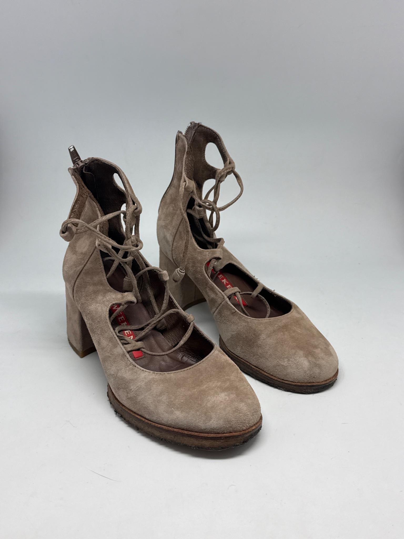 Taupe Suede Lace-Up Heels — detail