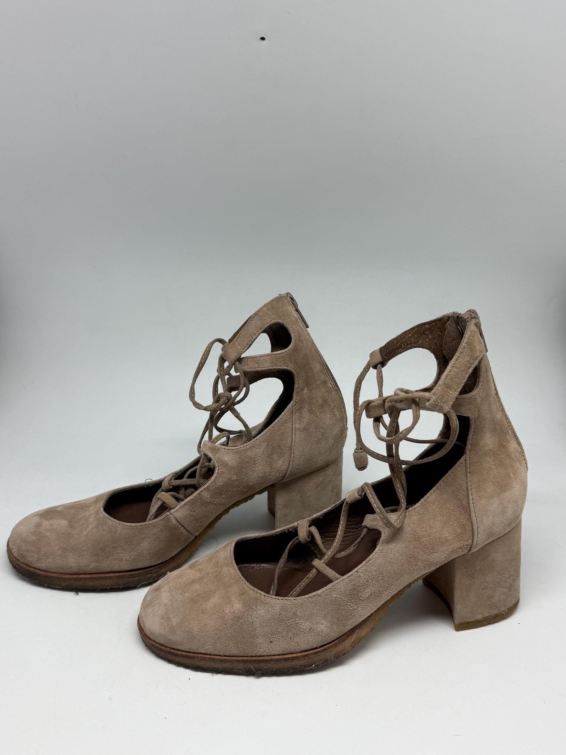 Taupe Suede Lace-Up Heels — back view