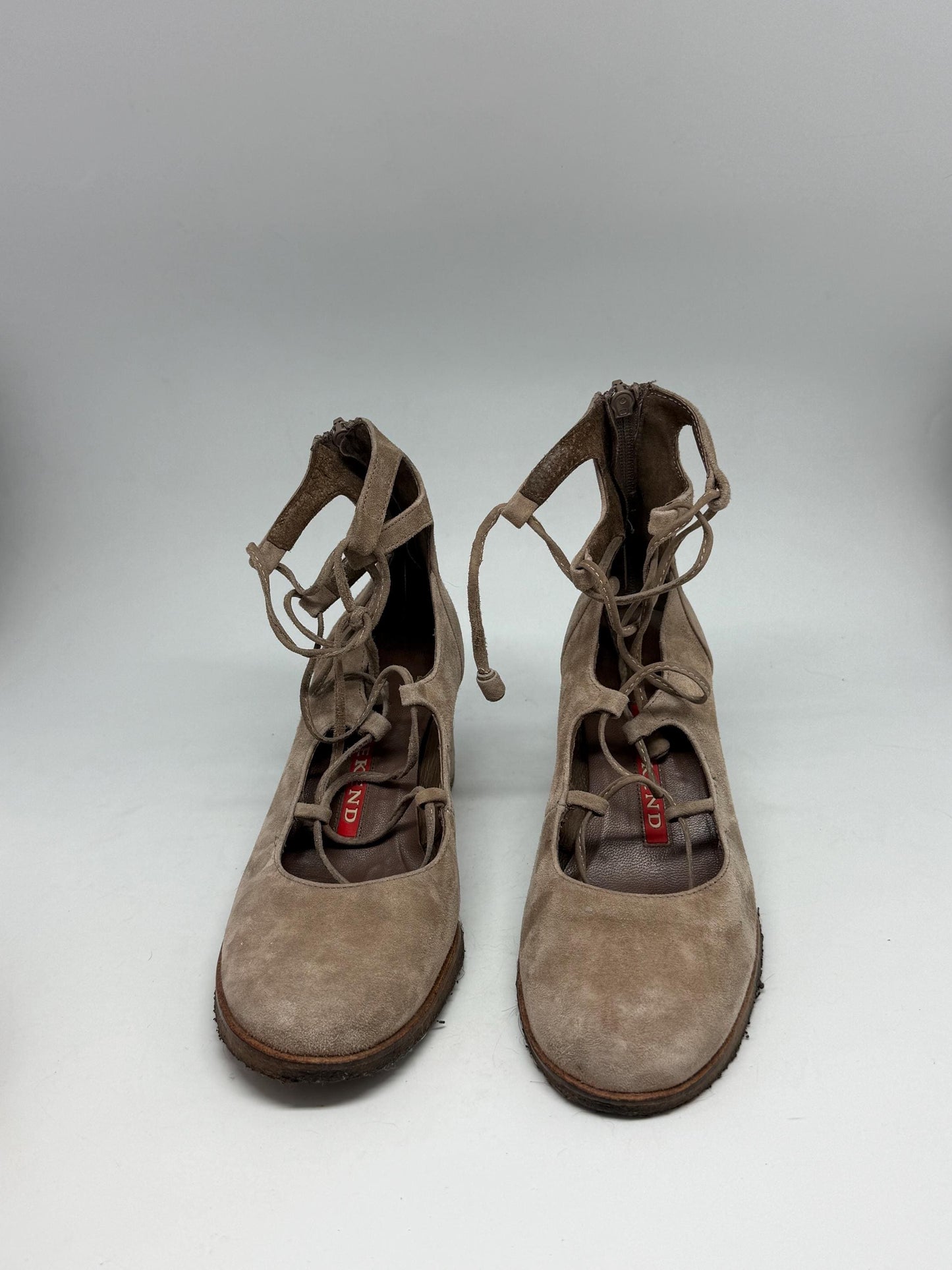 Taupe Suede Lace-Up Heels — fabric close-up