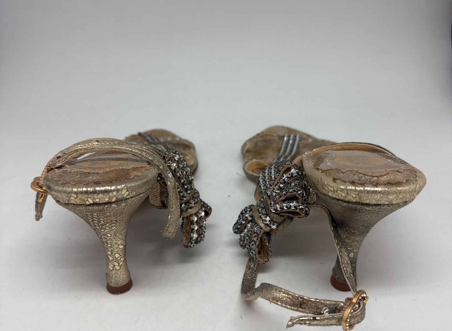 Belen Doñate Handmade Gold Leather Heels — fabric close-up