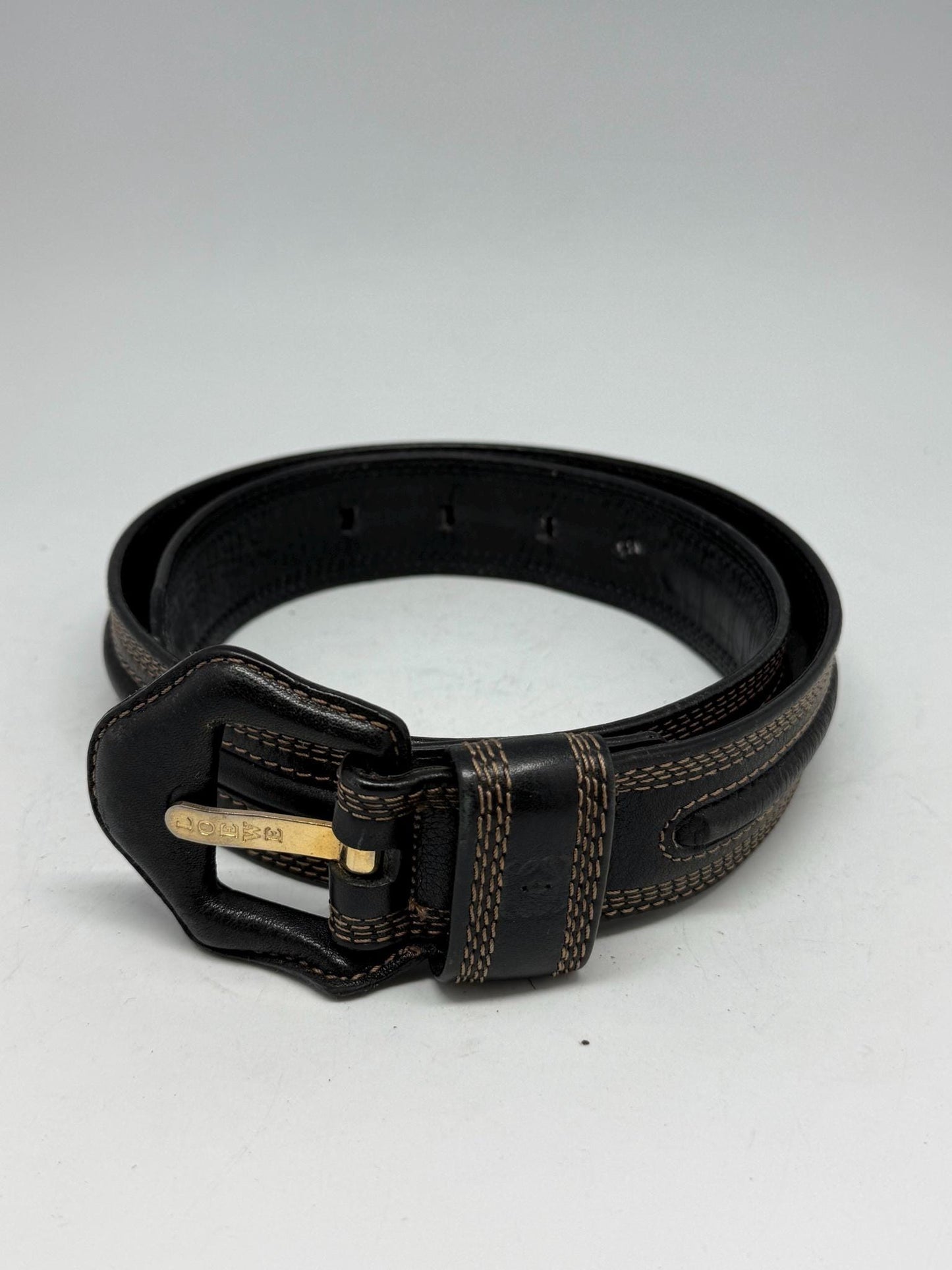 Vintage Black Leather Belt With Gold Buckle — back view