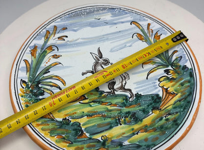 Vintage Handpainted Rabbit Ceramic Plate — fabric close-up