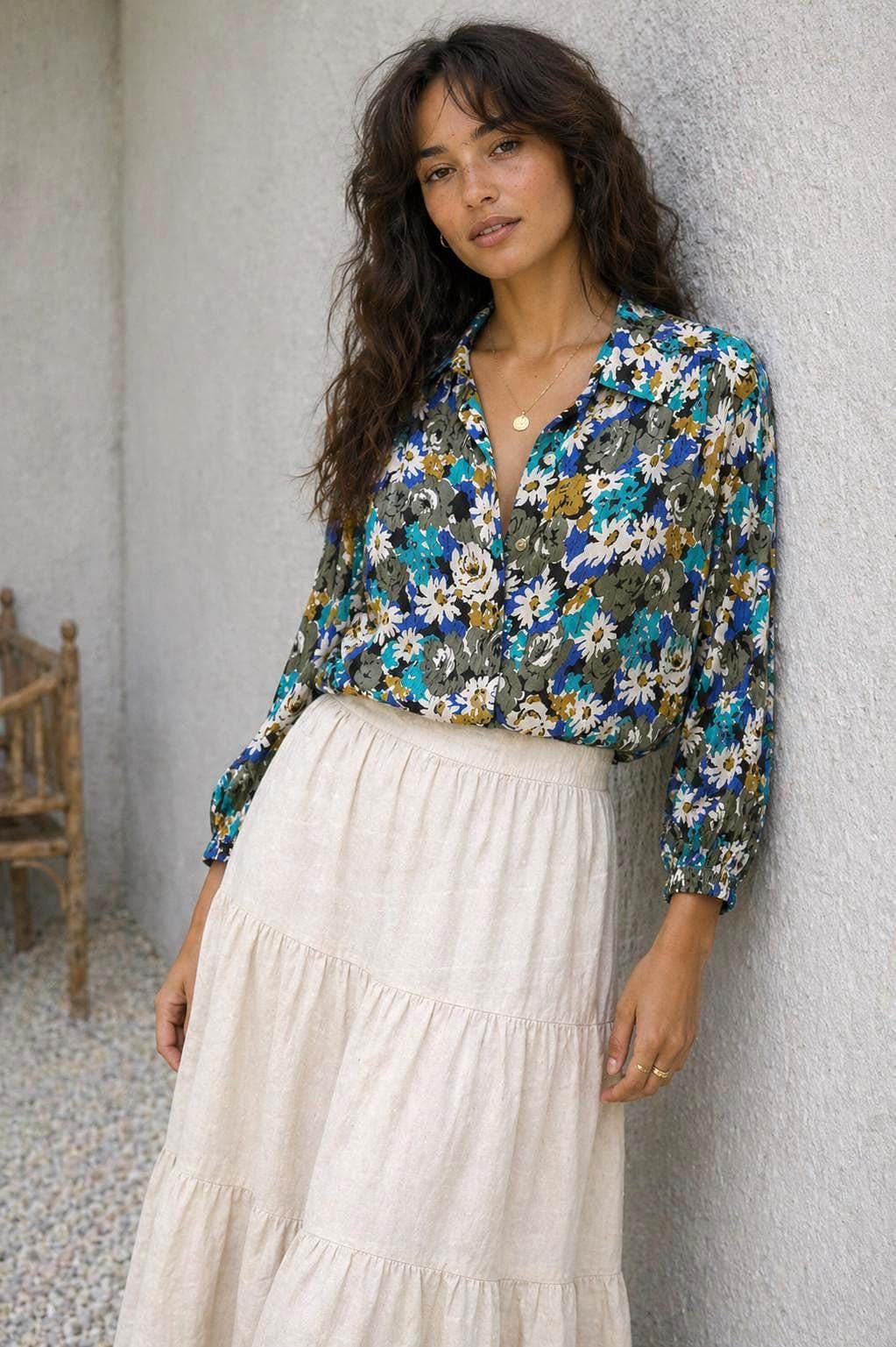 Vintage Floral Blouse in Blue and White