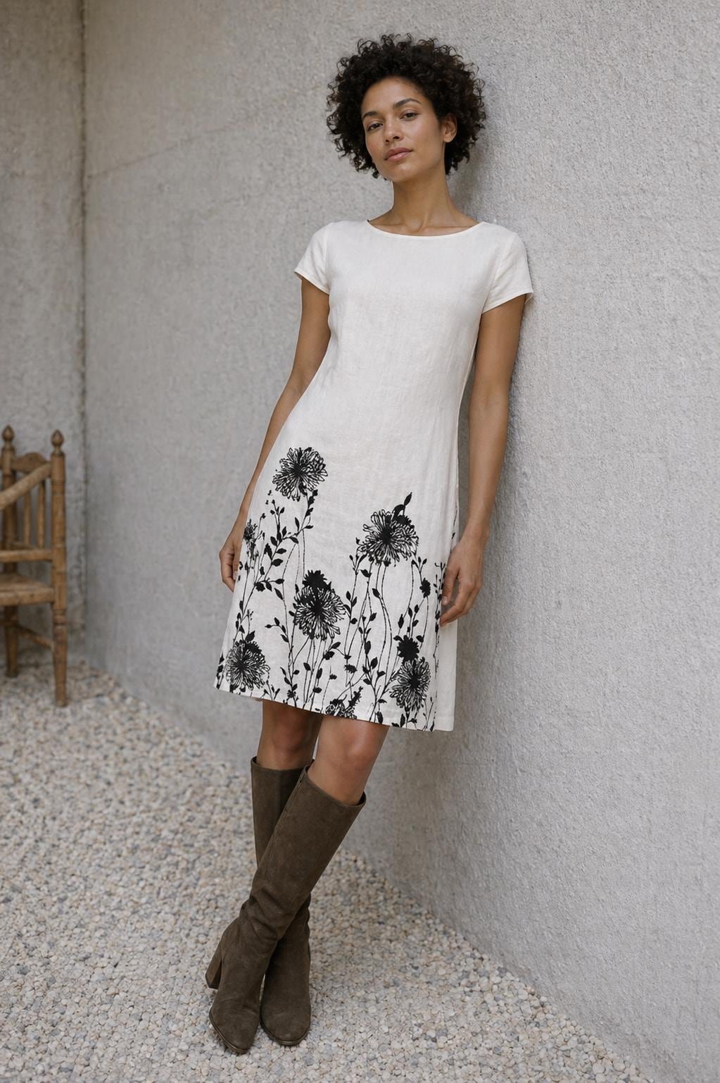 Floral Pattern White Linen Summer Dress — additional view 7