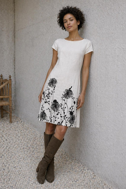 Floral Pattern White Linen Summer Dress — additional view 7
