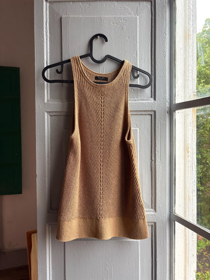 Tan knit camisole, linen blend minimalist tank top, Beige core aesthetic, size XS