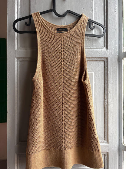 Tan knit camisole, linen blend minimalist tank top, Beige core aesthetic, size XS