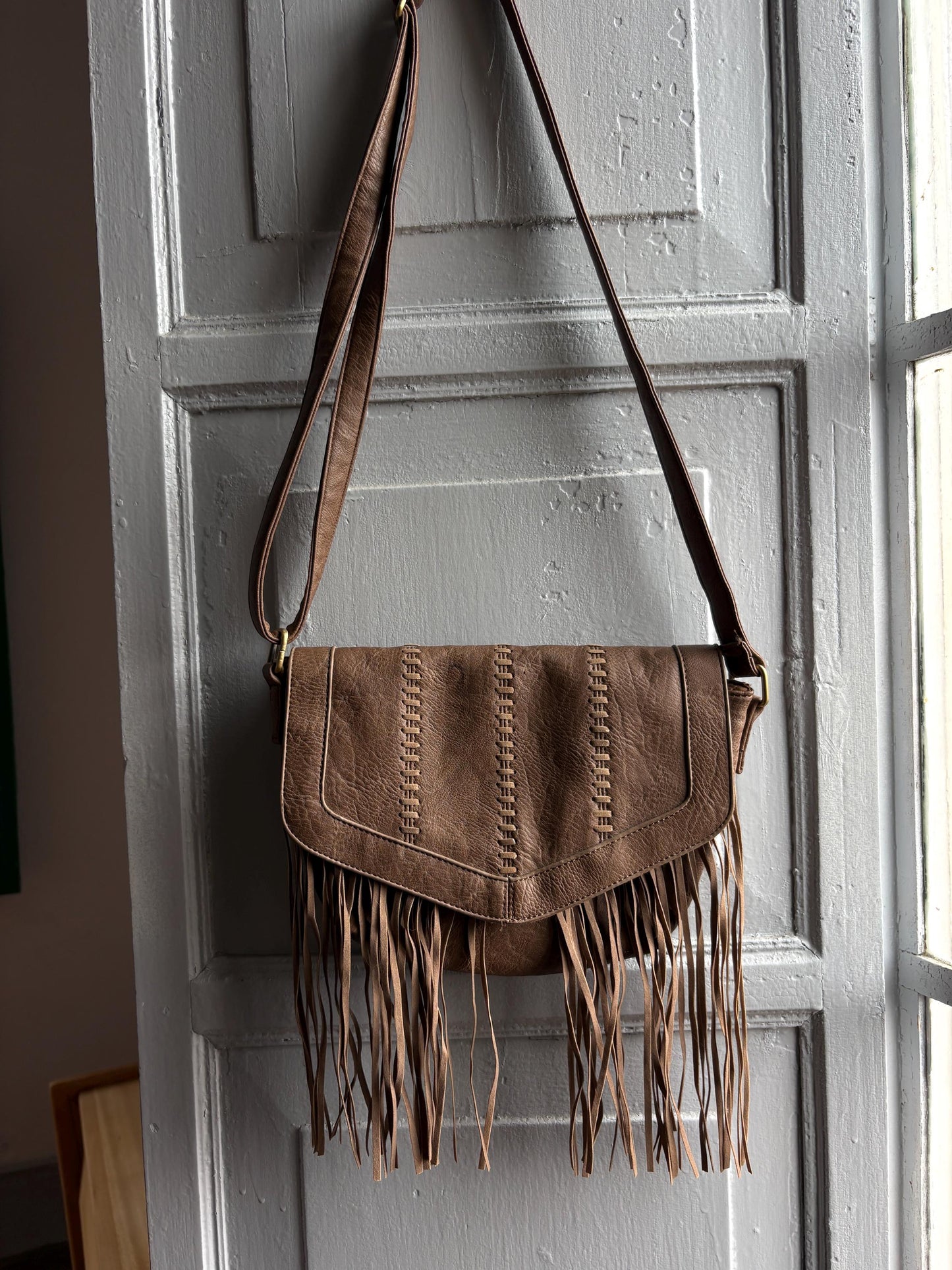 Secondhand boho  bag, faux leather, fringe detail, vegan friendly, festival crossbody purse