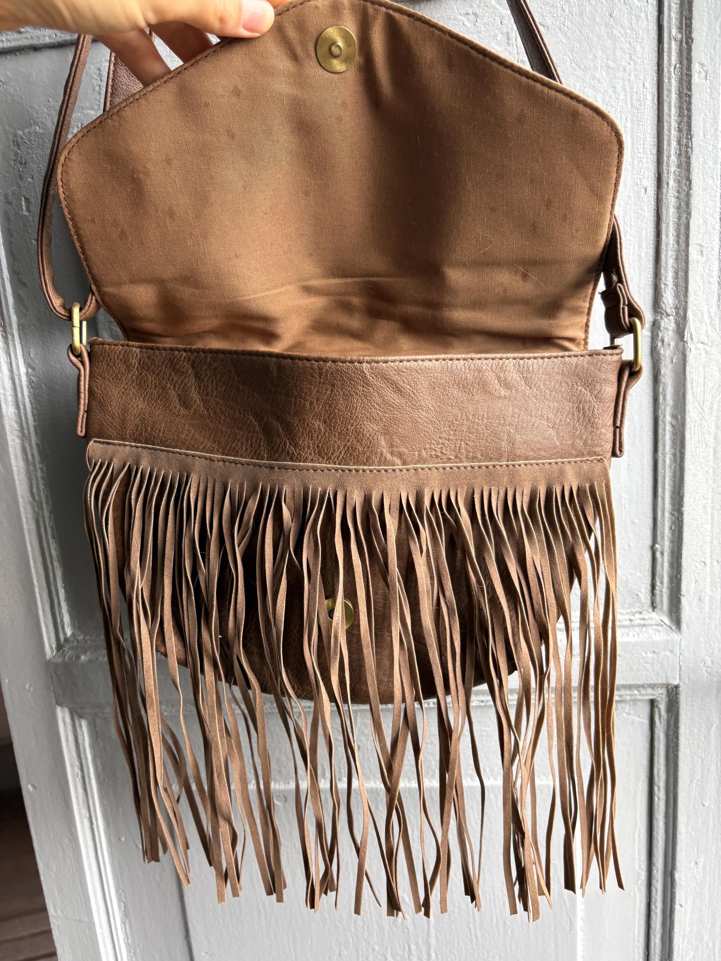 Secondhand boho  bag, faux leather, fringe detail, vegan friendly, festival crossbody purse