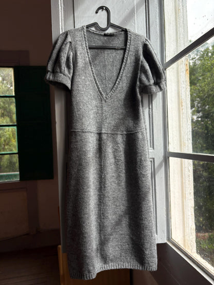 Luxe grey knitted wool dress with v neck, Soft midi winter dress, Secondhand sustainable woman fashion