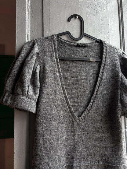 Luxe grey knitted wool dress with v neck, Soft midi winter dress, Secondhand sustainable woman fashion