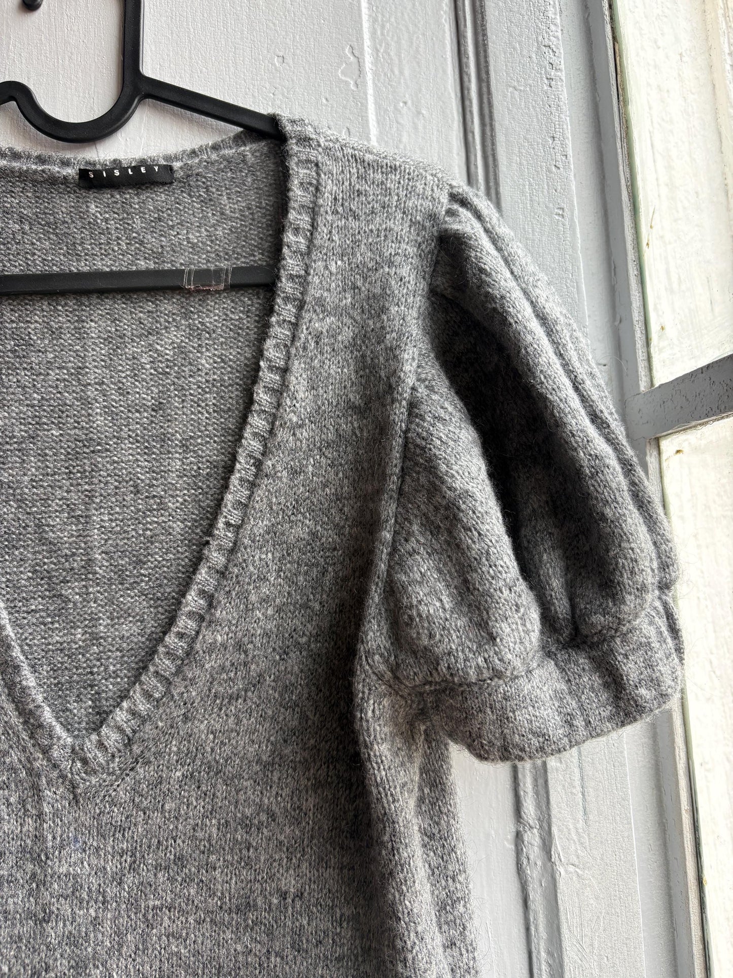 Luxe grey knitted wool dress with v neck, Soft midi winter dress, Secondhand sustainable woman fashion