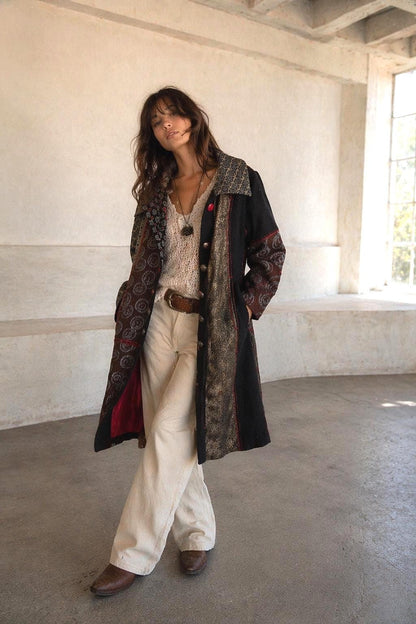 Eclectic Black And Gold Wool Midi Coat