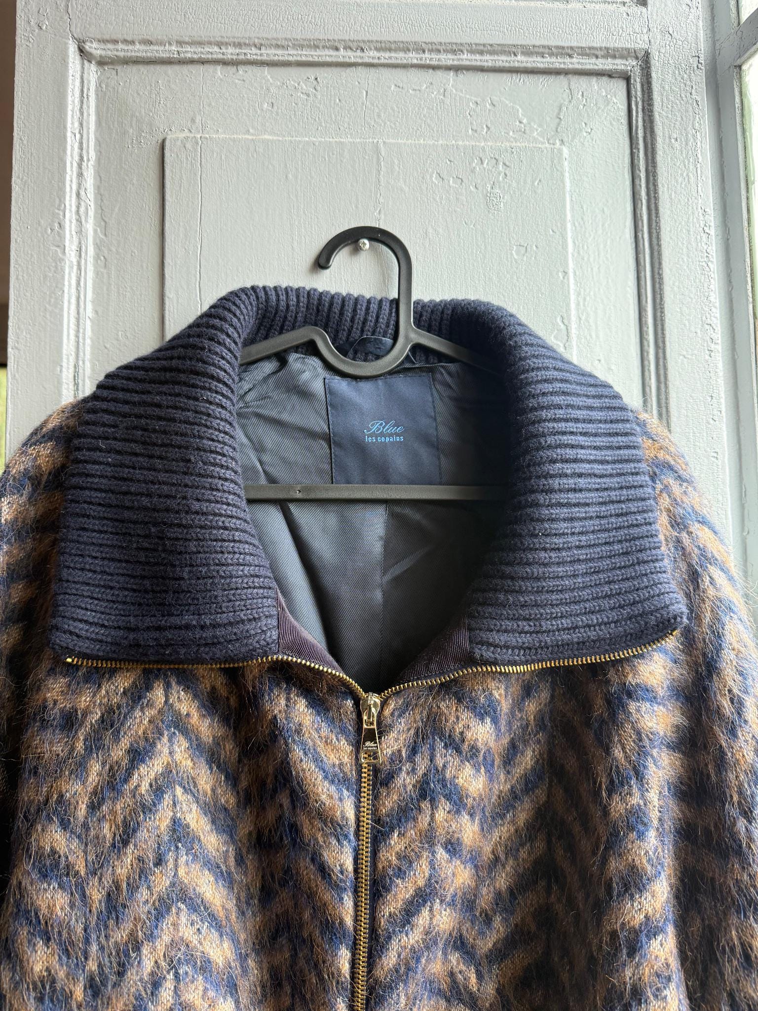 Blue Les Copains blue wool winter coat, made in Italy, ribbed collar, vintage style, casual wear