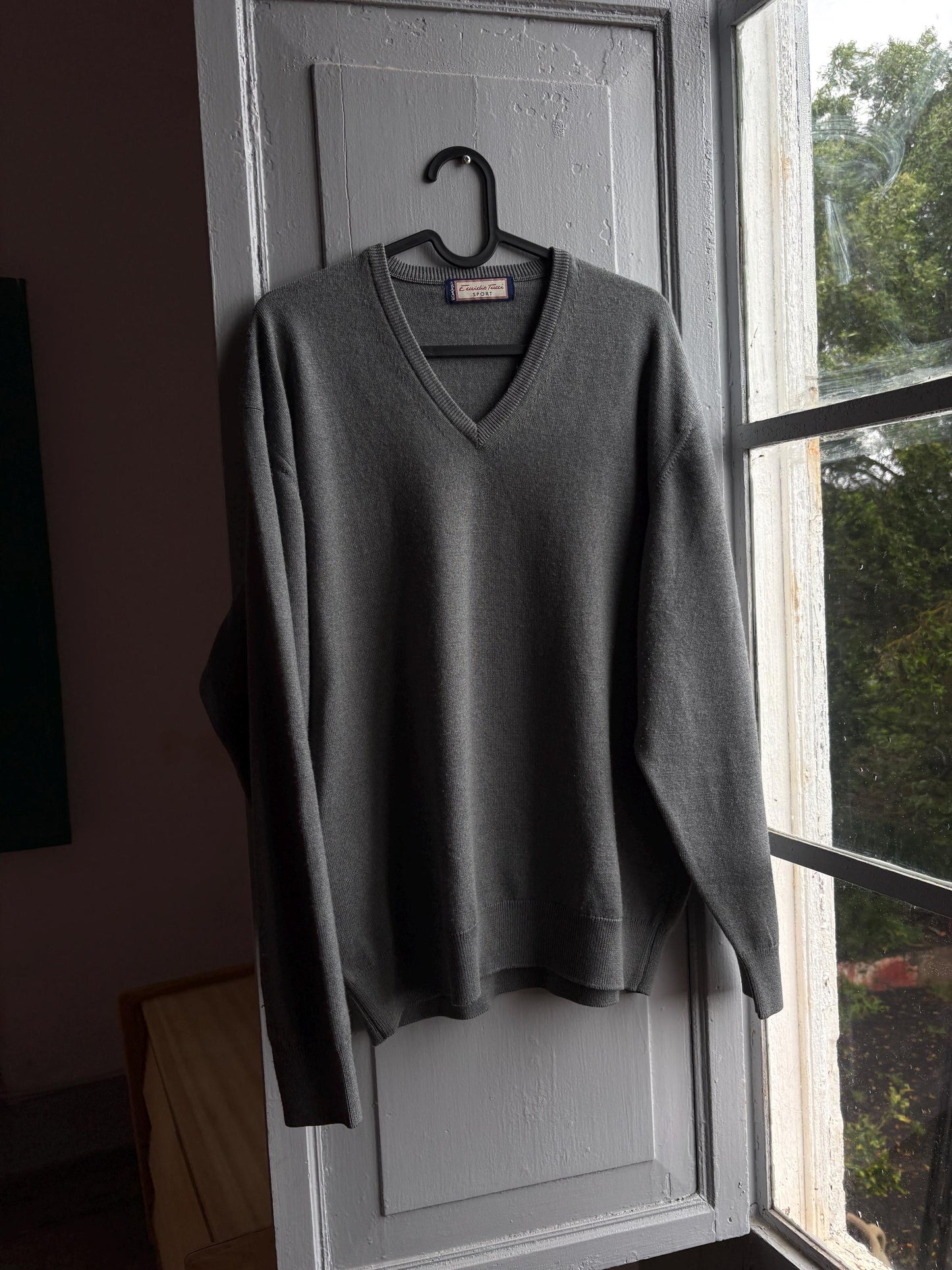 Vintage Grey V-Neck Wool Blend Sweater — back view