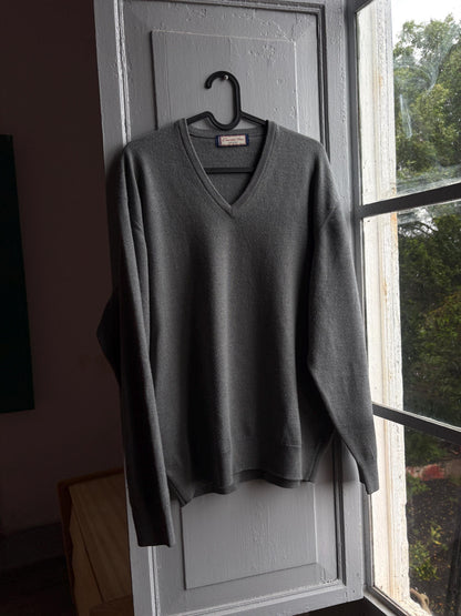 Vintage Grey V-Neck Wool Blend Sweater — back view