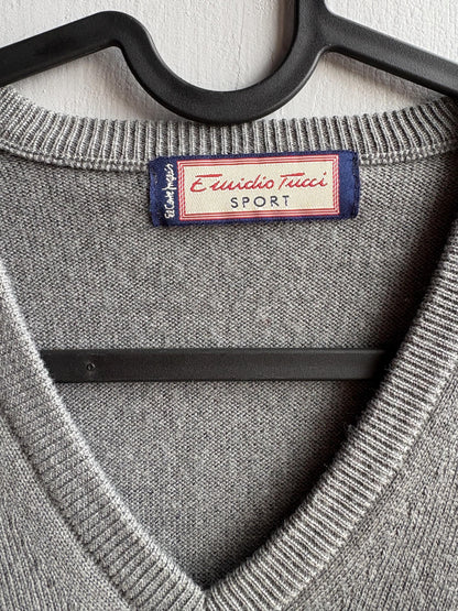 Vintage Grey V-Neck Wool Blend Sweater — fabric close-up
