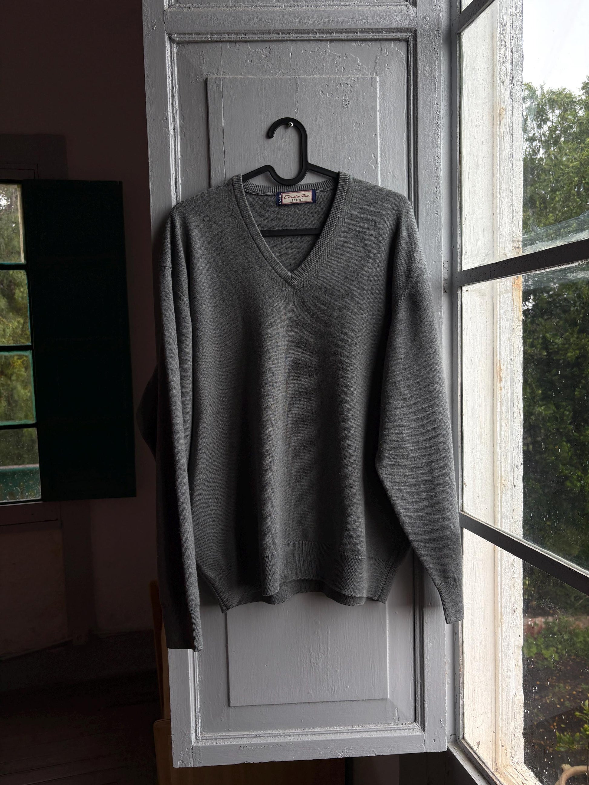 Vintage Grey V-Neck Wool Blend Sweater — additional view 8