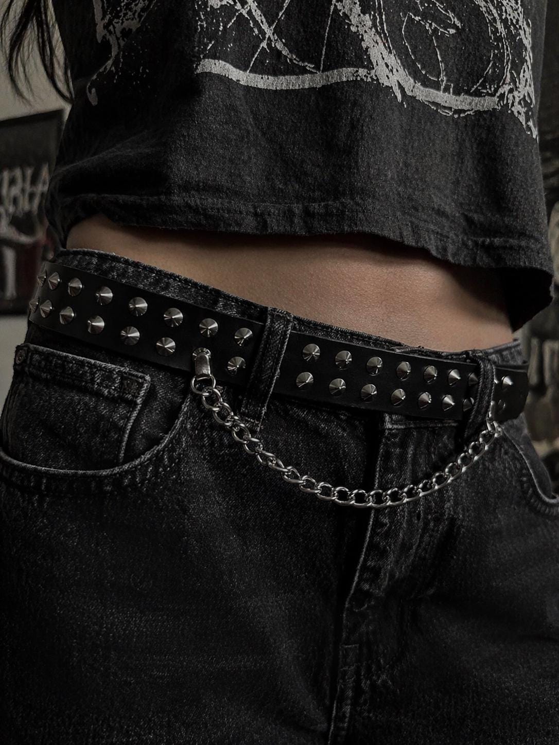 Gothic Black Leather Belt With Silver Studs
