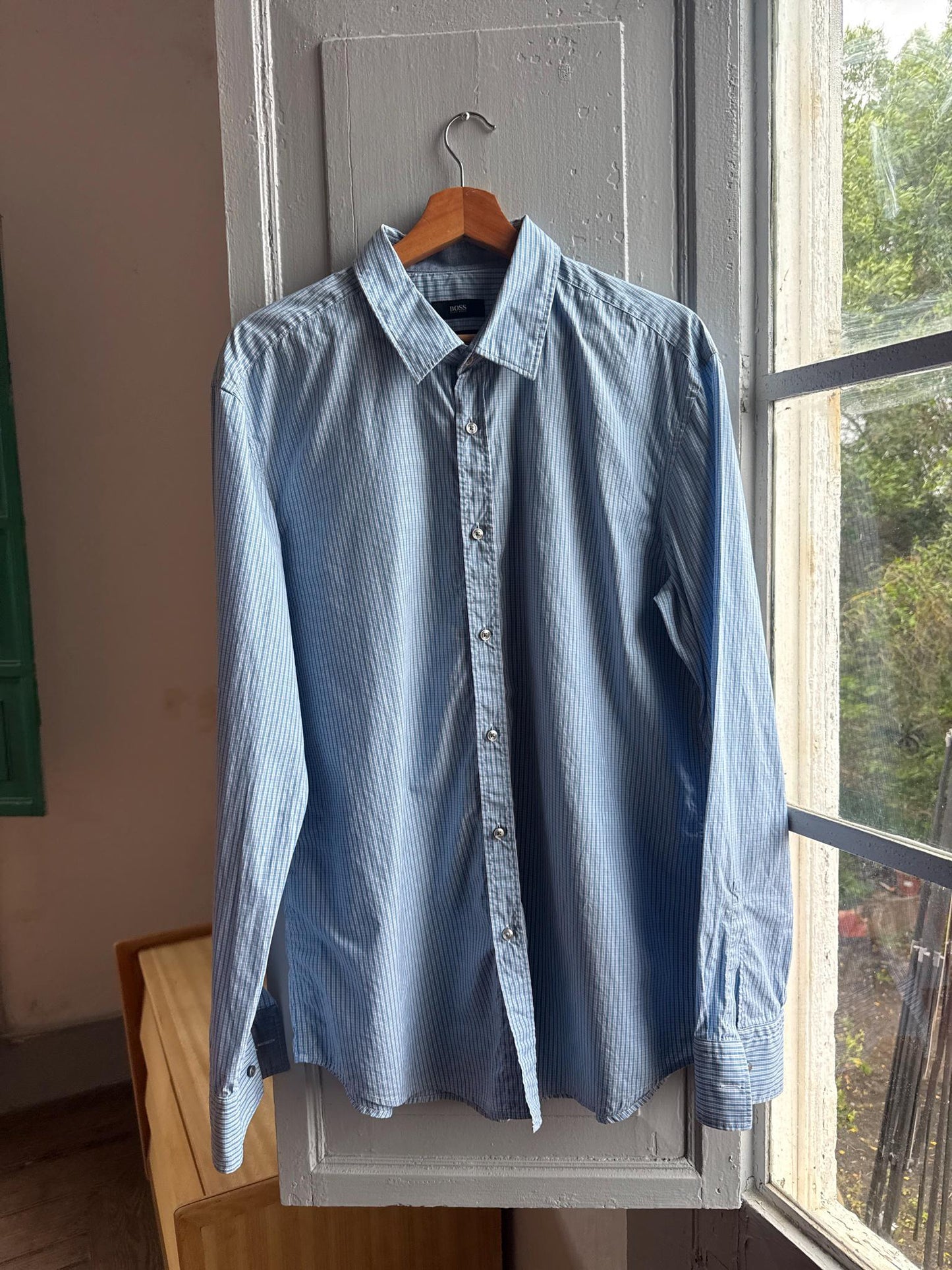 Light Blue Striped Cotton Shirt For Men — detail
