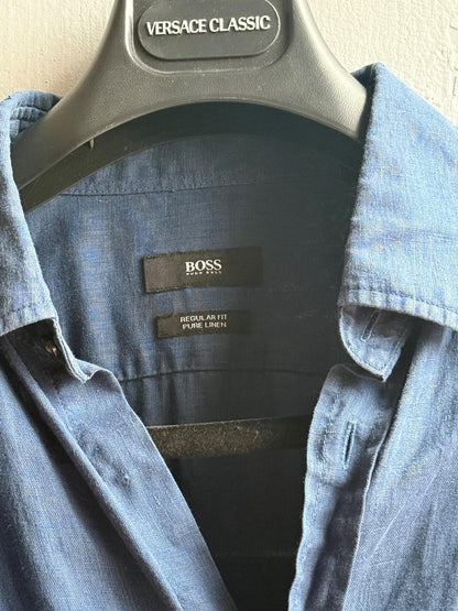 Vintage Hugo Boss Blue Linen Shirt — back view