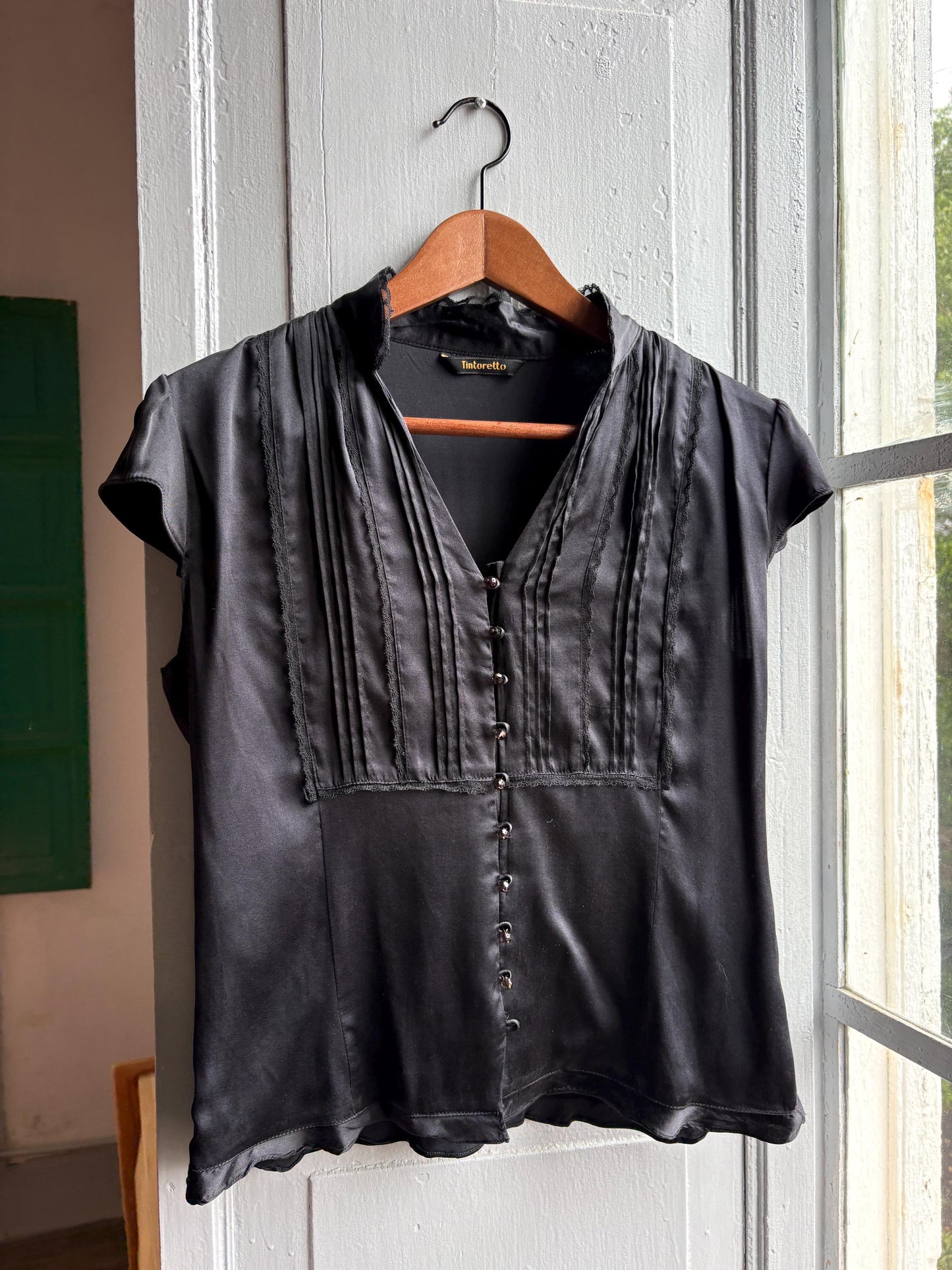 Black Silk Vintage Evening Blouse — back view