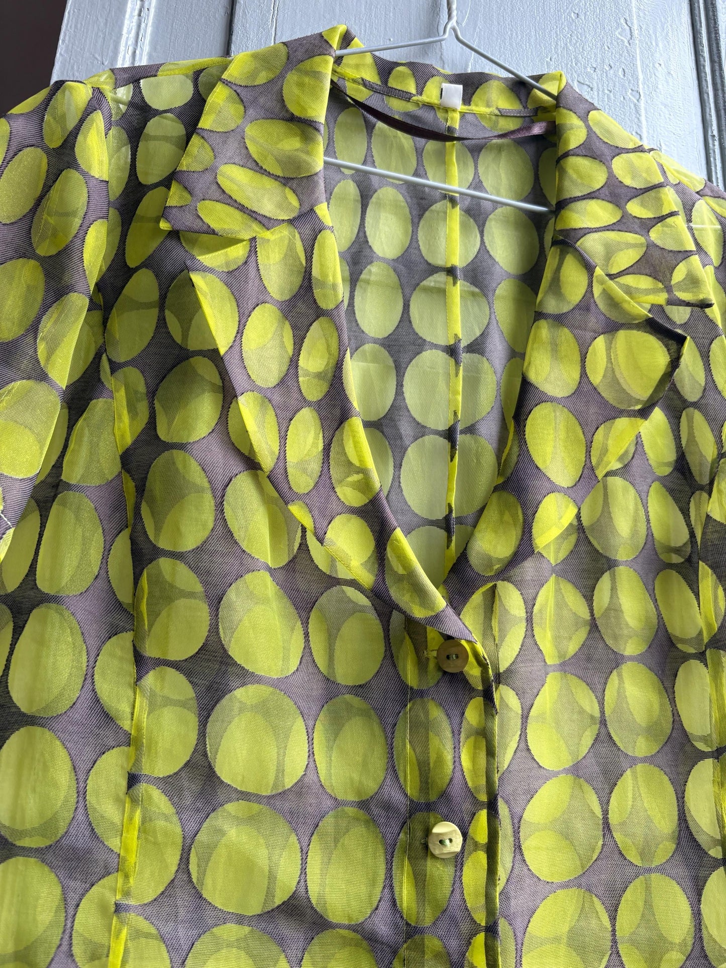 Vintage 70s Sheer Green Polka Dot Blouse — detail