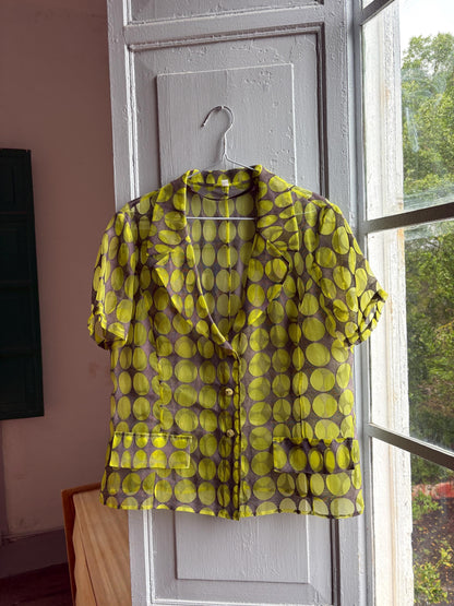 Vintage 70s Sheer Green Polka Dot Blouse — back view