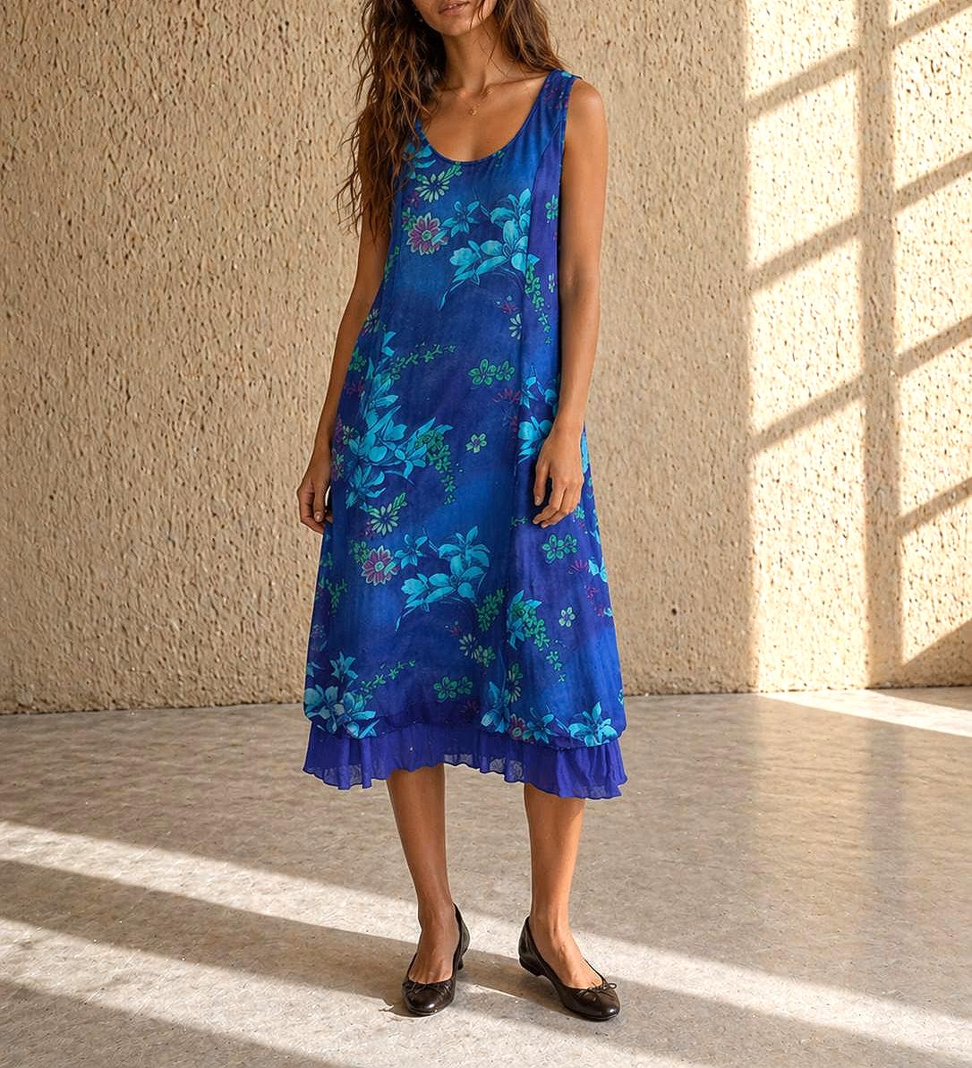 Vintage Blue Floral Midi Dress, Ruffle Hem