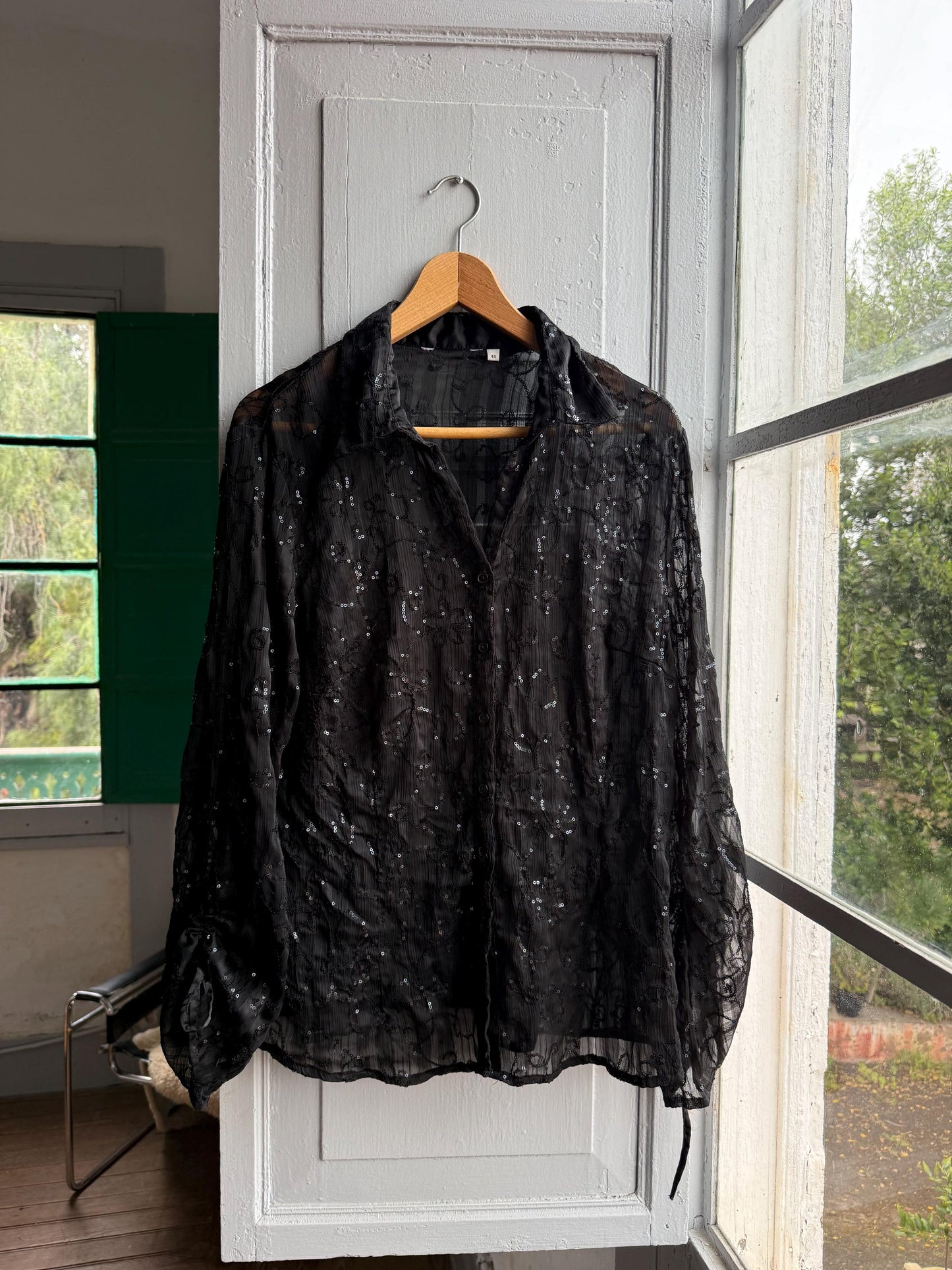 Black Sheer Sequin Button-Down Blouse — detail