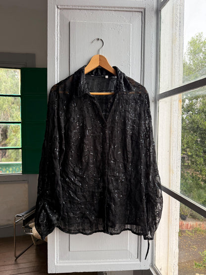 Black Sheer Sequin Button-Down Blouse — detail