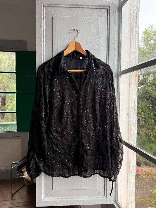 Black Sheer Sequin Button-Down Blouse — detail