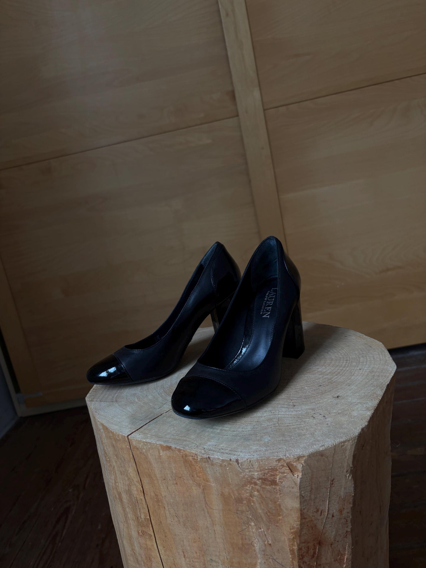 Lauren Ralph Lauren luxury black high heels, leather & patent leather block heel, size 5.5 B, EU 36