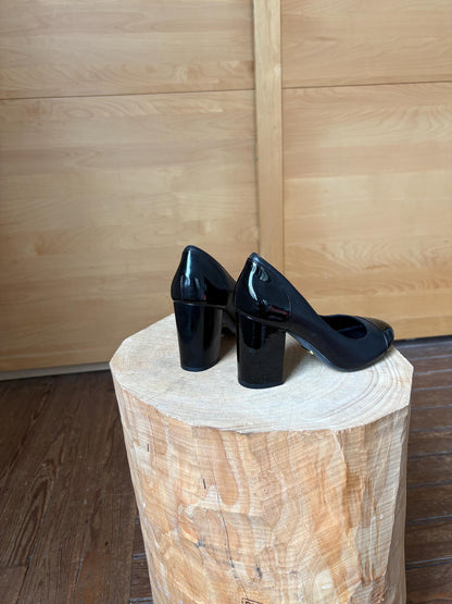 Lauren Ralph Lauren luxury black high heels, leather & patent leather block heel, size 5.5 B, EU 36