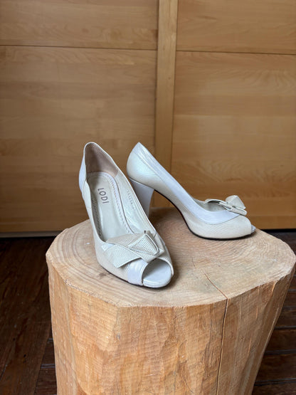 Ivory Leather Peep Toe Heels — detail