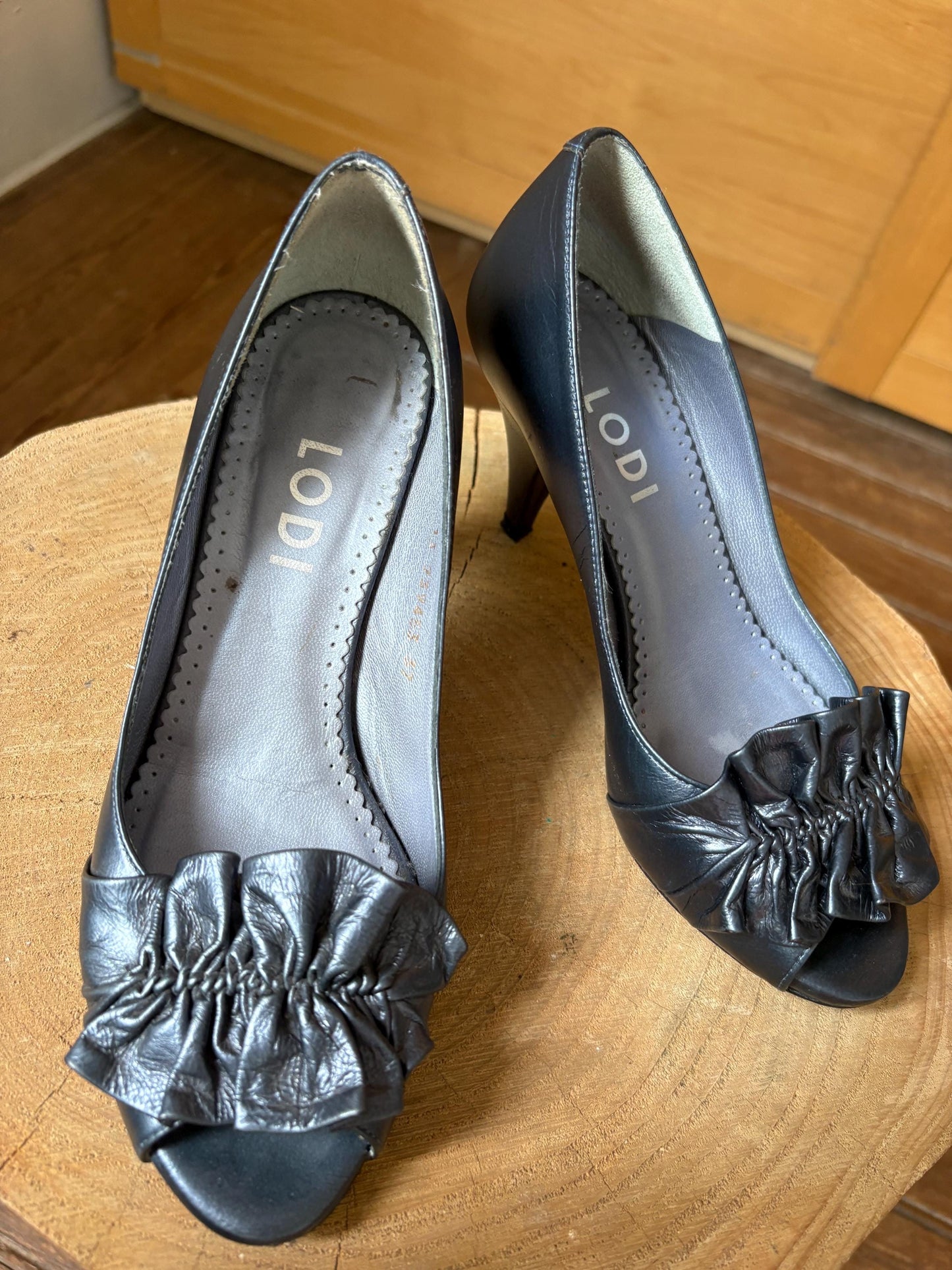 Lodi Blue Leather Peep Toe Heels — additional view 8