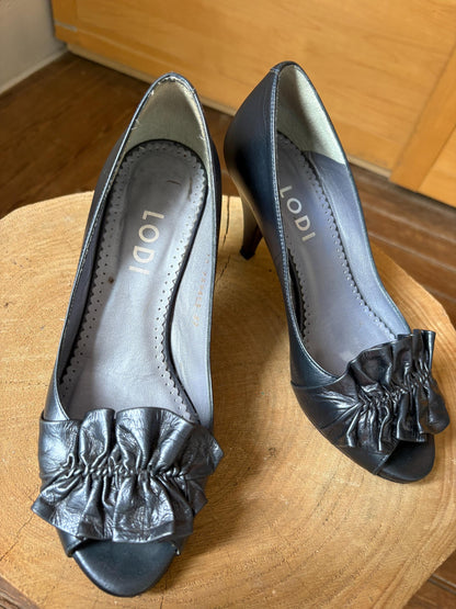 Lodi Blue Leather Peep Toe Heels — additional view 8