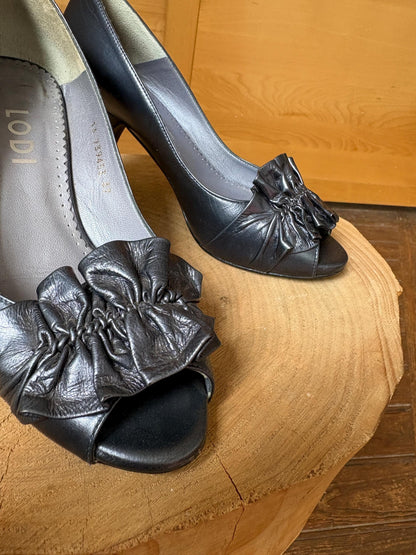 Lodi Blue Leather Peep Toe Heels — additional view 10