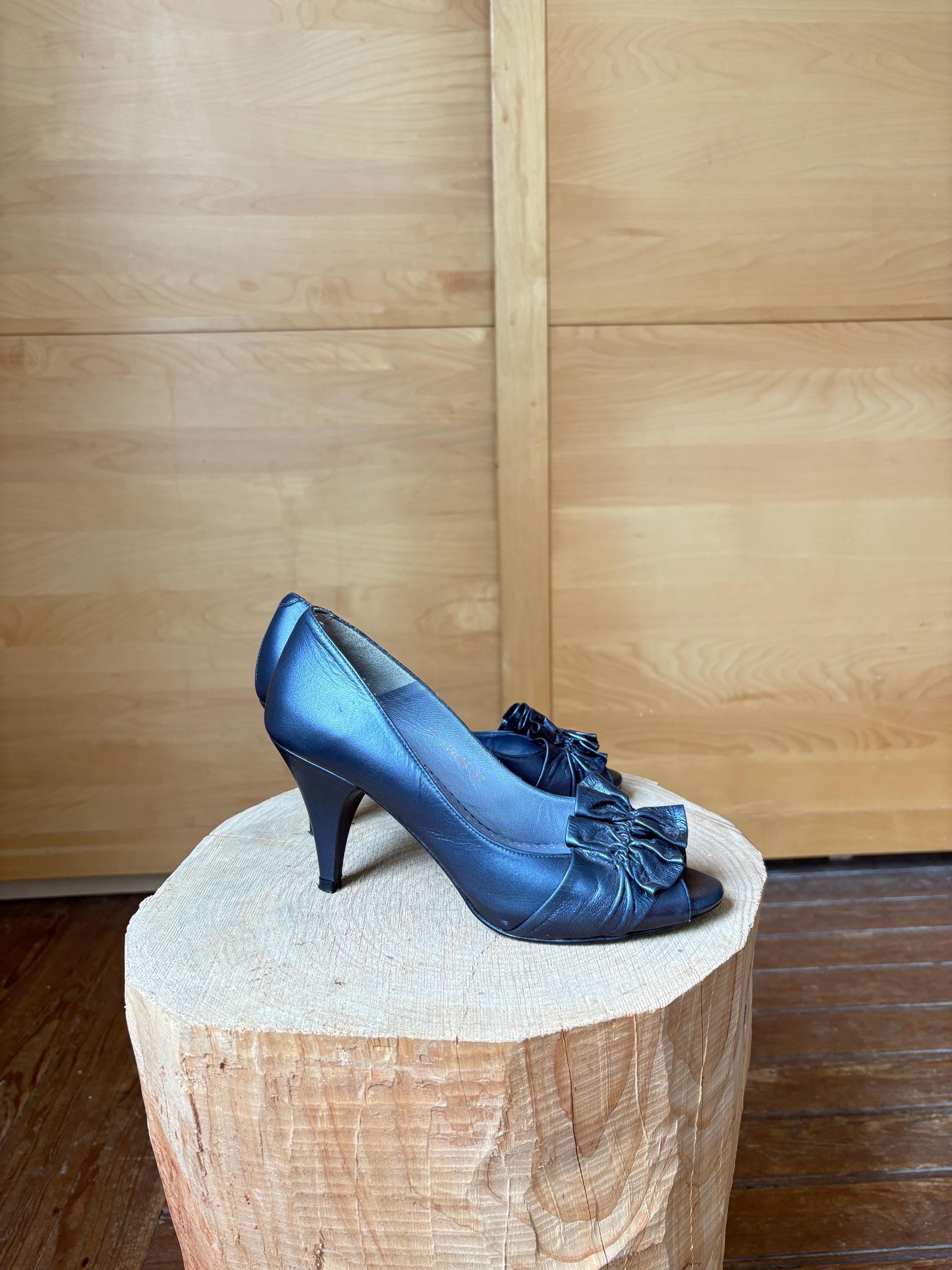 Lodi Blue Leather Peep Toe Heels — detail