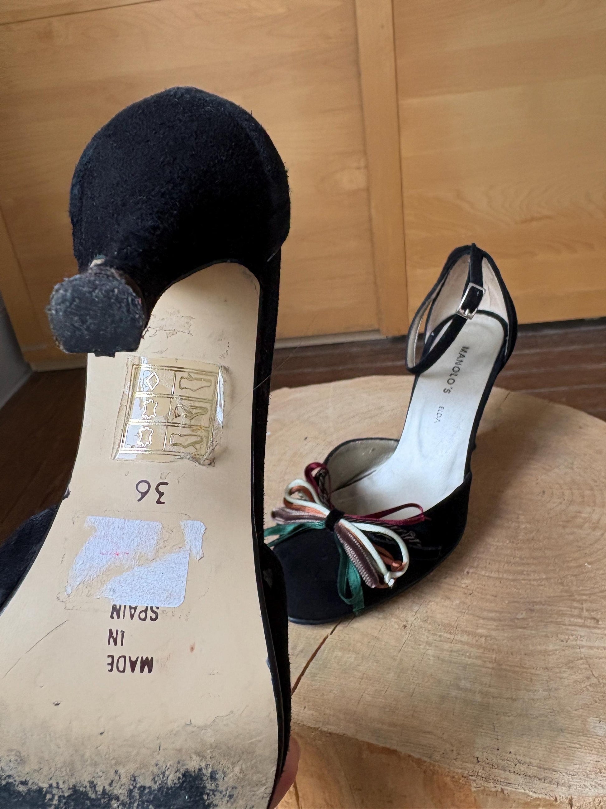Black Suede Peep Toe Heels — detail