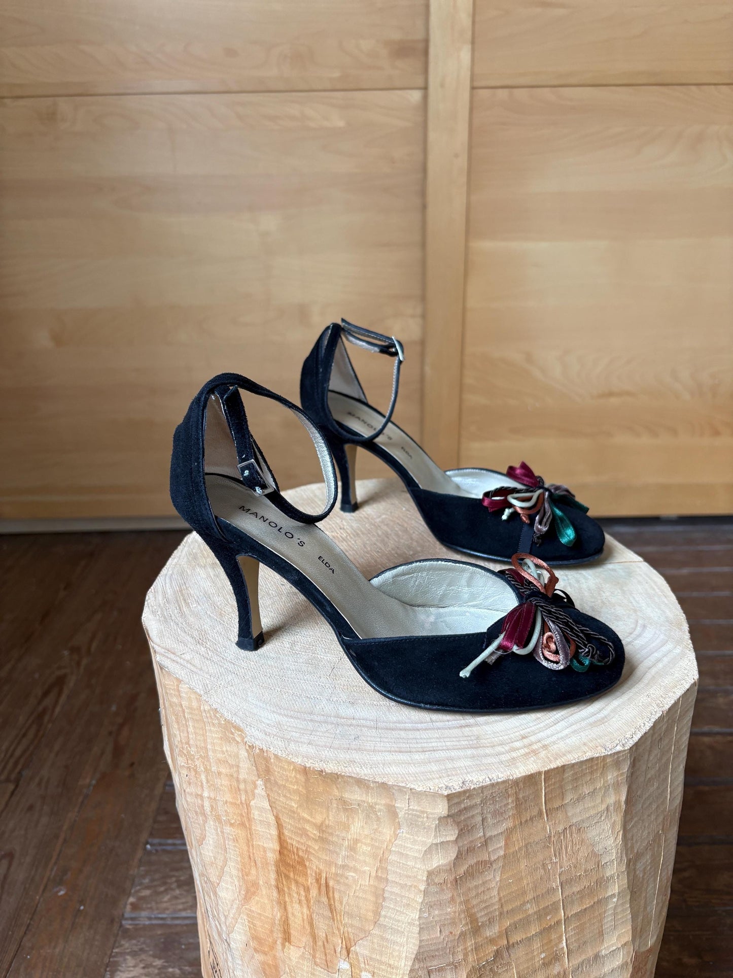 Black Suede Peep Toe Heels — back view