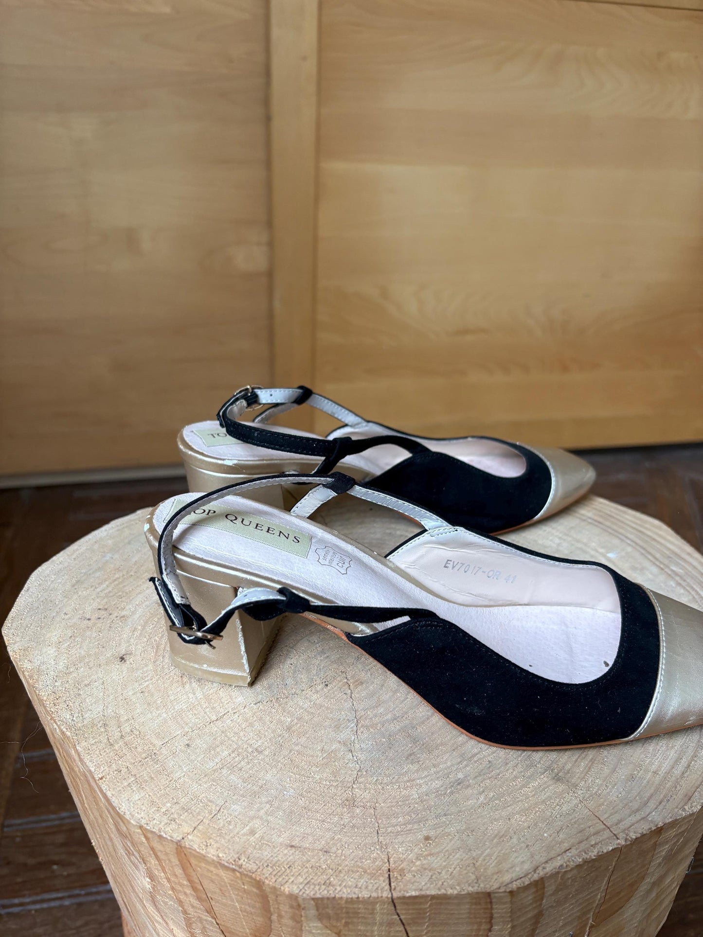 Black Suede And Gold Leather Slingback Heels — back view