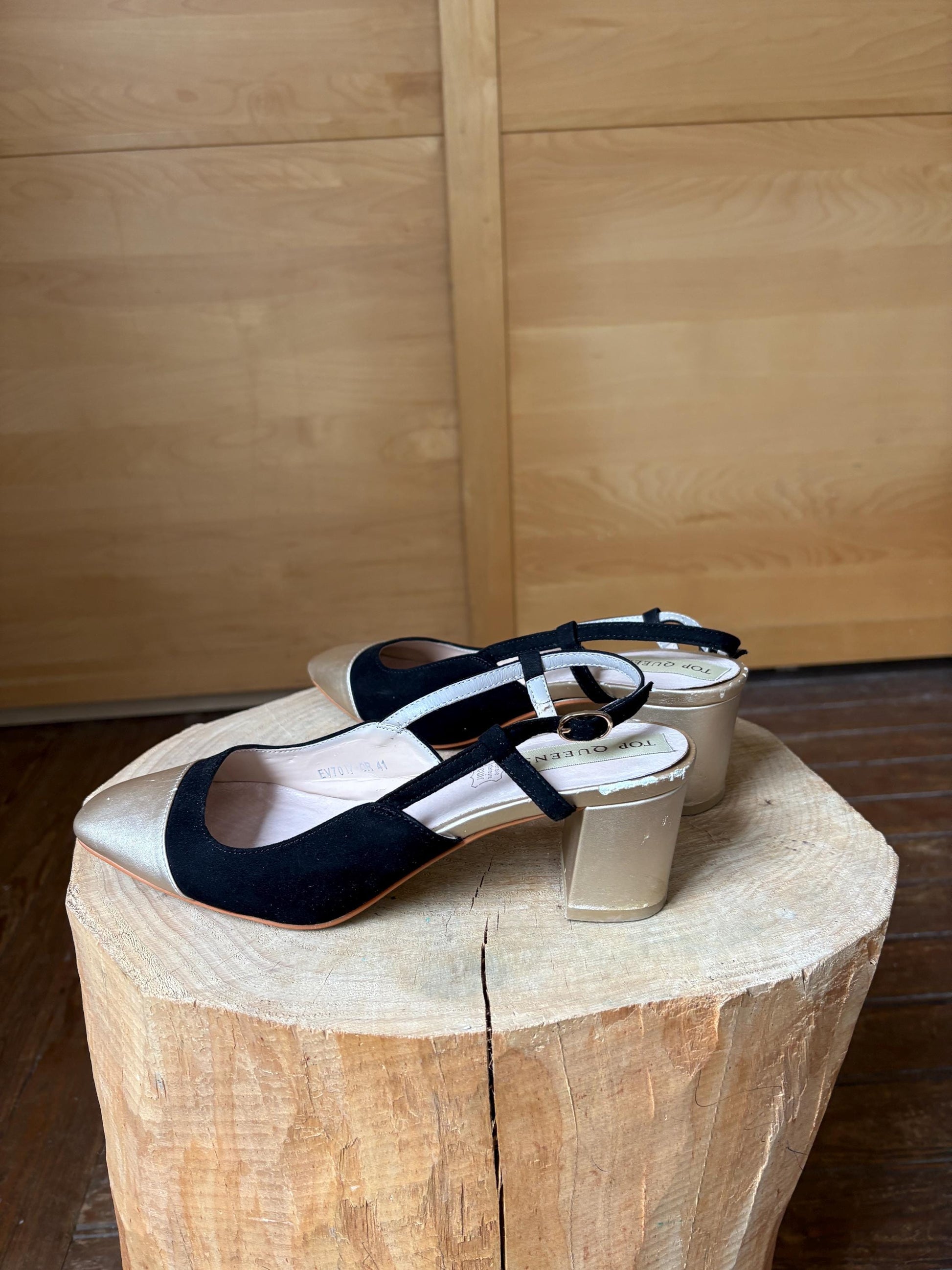 Black Suede And Gold Leather Slingback Heels — additional view 12