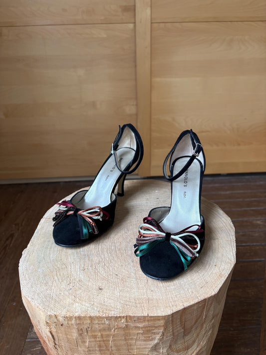 Black Suede Peep Toe Heels