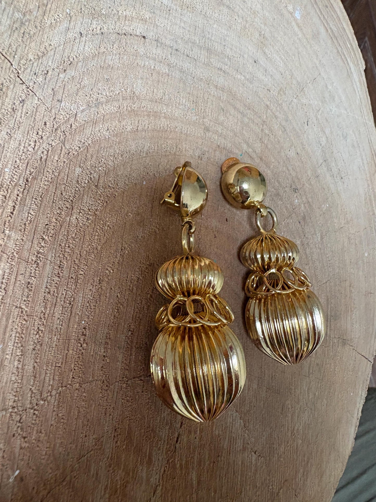 Vintage Gold Tone Statement Earrings, Large Dangle Clip On Earrings, Sculptural Retro Glam Party Wedding Jewellery Gift